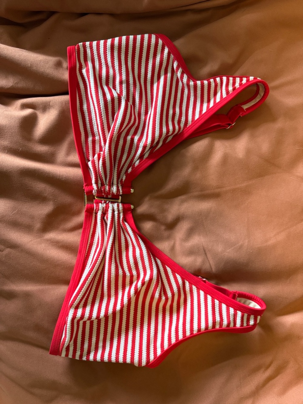 Swimsuits For All Red and White Striped Bikini Set with Gold Accent